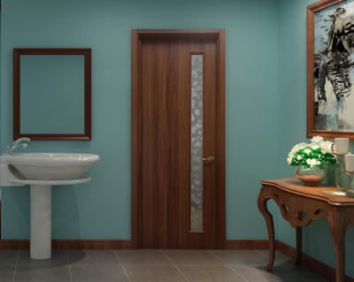 DS-FG06 teak wood veneered door with a long piece patterned glass in the left side