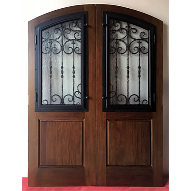 Double open wrought iron crafts decorative walnut stained color door