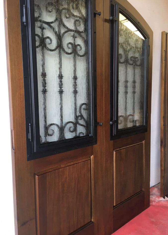 product-Double open wrought iron crafts decorative walnut stained color door-Desheng Wood Industry-i
